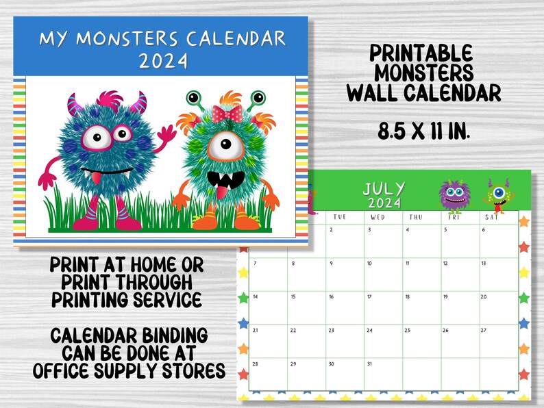 2024 Printable Monsters Wall Calendar and Bookmarks Combo Etsy