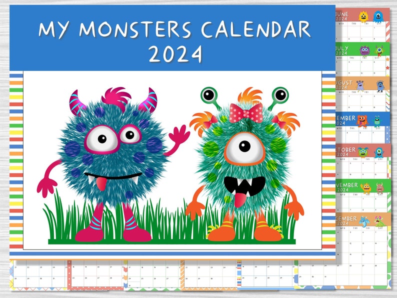 2024 Printable Monsters Wall Calendar and Bookmarks Combo Etsy France