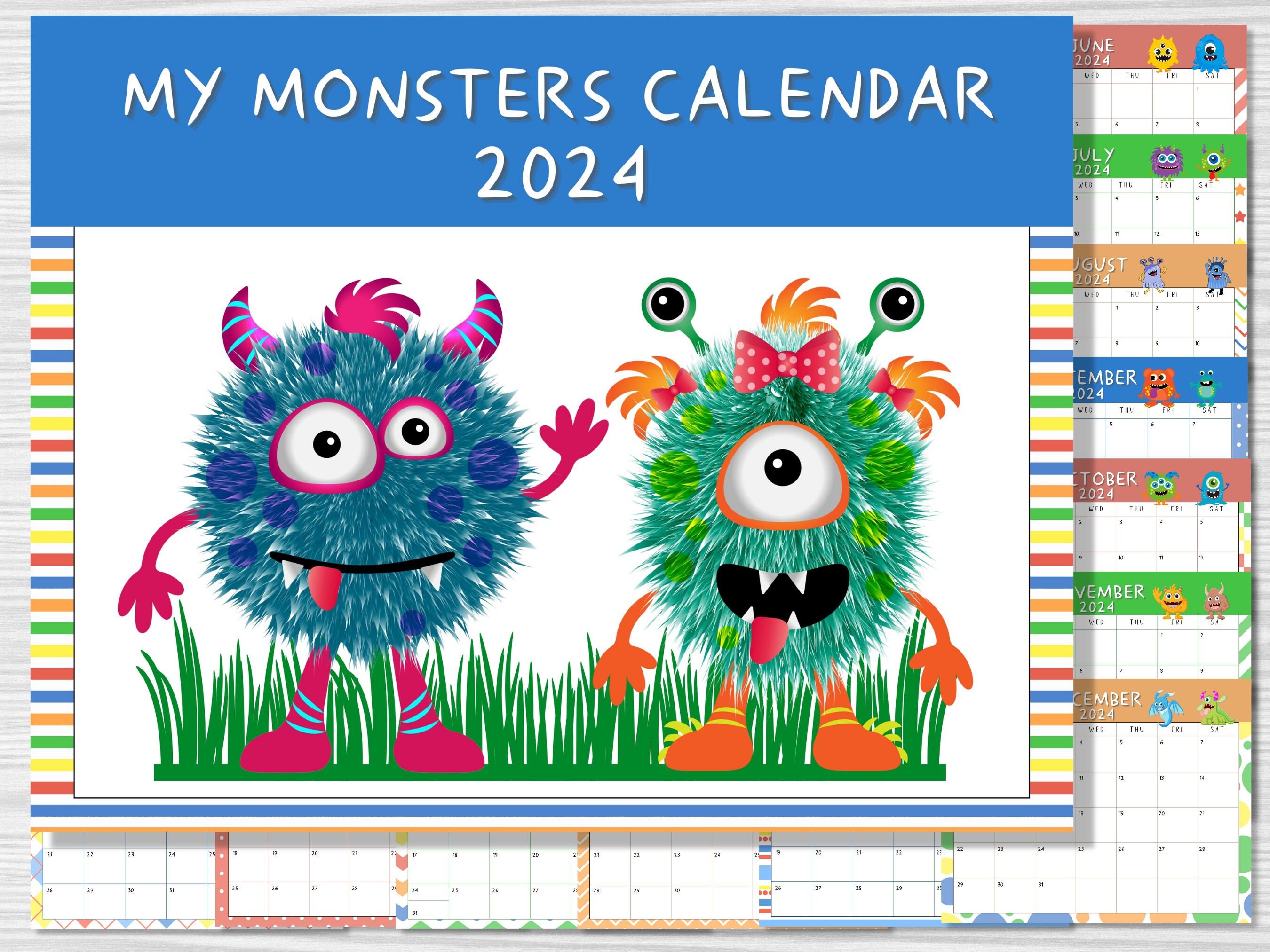 2024 Printable Monsters Wall Calendar and Bookmarks Combo Etsy
