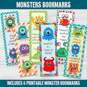 Puede incluir: Seis marcapáginas imprimibles con monstruos coloridos que dicen diferentes frases. Los marcapáginas están diseñados para niños y presentan colores divertidos y brillantes, así como ilustraciones de monstruos caprichosos.