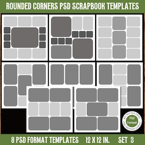 Könnte beinhalten: Satz von acht 12x12 Zoll großen Scrapbook-Vorlagen mit abgerundeten Ecken. Die Vorlagen sind im PSD-Format und bieten verschiedene Layouts mit unterschiedlich großen Fotoflächen.