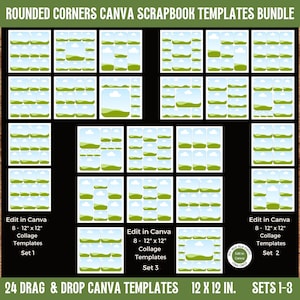 May include: A bundle of Canva scrapbook templates with rounded corners. The templates are arranged in a grid, featuring landscape and sky graphics. Text includes "Rounded Corners Canva Scrapbook Templates Bundle", "Edit in Canva", and "24 Drag & Drop Canva Templates 12 x 12 in. Sets 1-3".