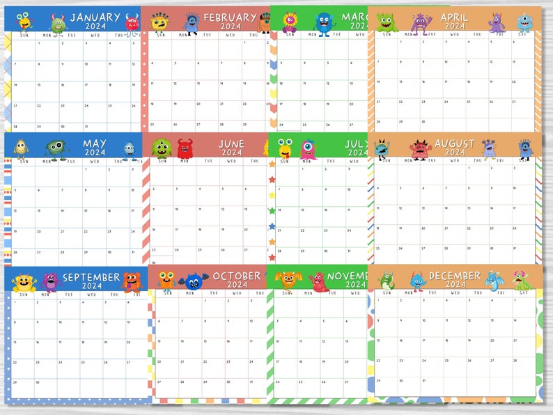 2024 Printable Monsters Wall Calendar and Bookmarks Combo Etsy France