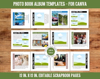 Può includere: Dodici modelli di pagina di album di ritagli di 30,5 cm x 30,5 cm per Canva. I modelli presentano una varietà di layout con spazio per foto e testo. I modelli sono progettati per l'uso con Canva, una piattaforma di progettazione online gratuita.