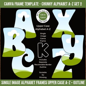 May include: A set of uppercase alphabet letters in a chunky style with a blue sky, white clouds, and green grass background. The letters are outlined in black and can be used as frames for photos or other images. The text on the image reads "CANVA FRAME TEMPLATE - CHUNKY ALPHABET A-Z SET 2" and "SINGLE IMAGE ALPHABET FRAMES UPPER CASE A-Z + OUTLINE".