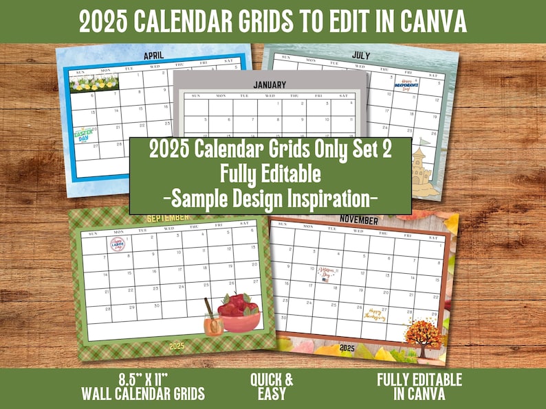 2025 Wall Calendar Grids Canva Templates Set 2 Fully Editable 12 Months