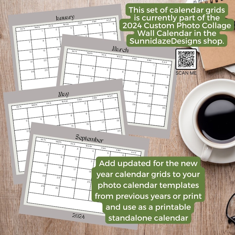 2024 Wall Calendar Grids Fully Editable 12 Months 8.5x11 Canva Template