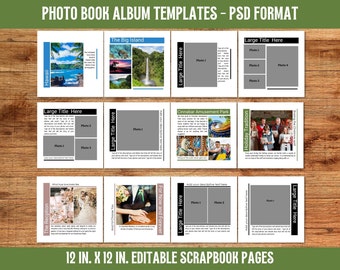 May include: A collection of 12 x 12 inch editable scrapbook page templates in PSD format. The pages feature layouts for photos, titles, and descriptive text. Themes include travel, weddings, and holidays. The top text reads "PHOTO BOOK ALBUM TEMPLATES - PSD FORMAT".