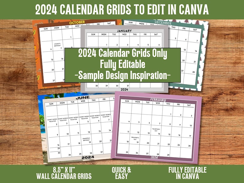 2024 Wall Calendar Grids Fully Editable 12 Months 8.5x11 Canva Template