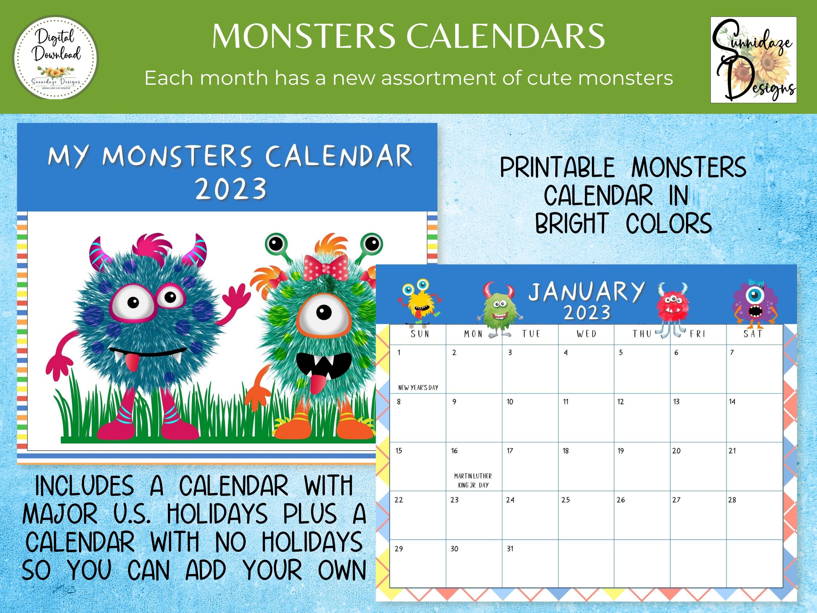 Printable Monster Calendar 2023 Kids Chore Charts Bookmarks Etsy