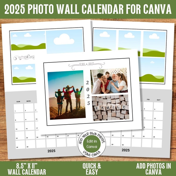 2025 Photo Collage Wall Calendar Canva Templates | Fully Editable 12 Months Letter Size Pages | Digital Download