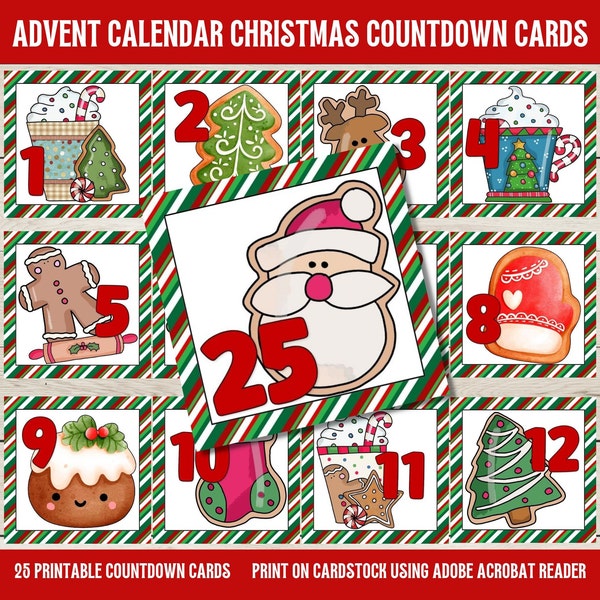 Christmas Countdown Cards | Printable Advent Calendar Numbers | 25 Days of Christmas Tags | Digital Download