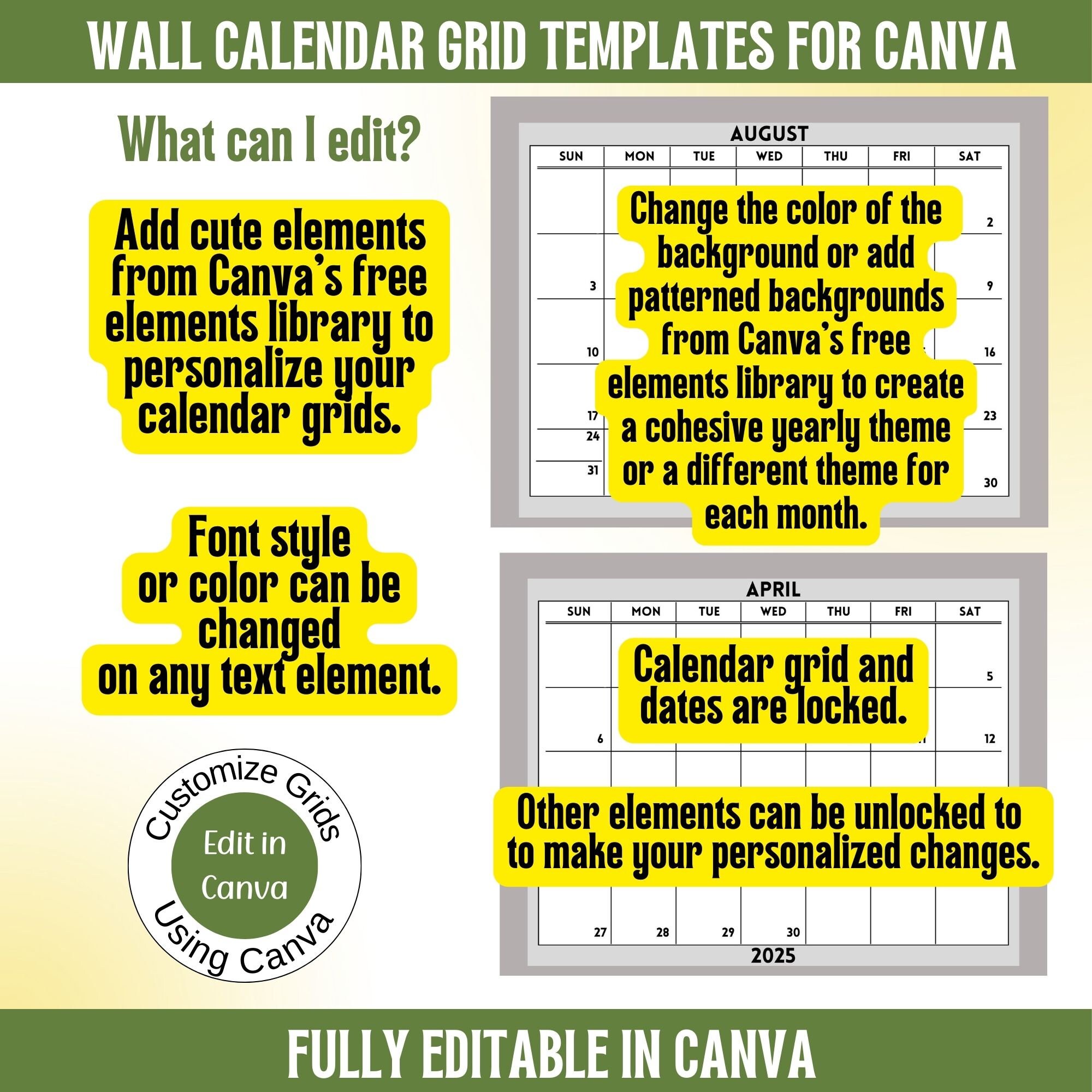 2025 Wall Calendar Grids Canva Templates Set 1 Fully Editable 12 Months ...