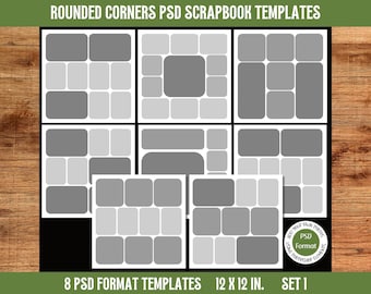 Photo Collage 12x12 Scrapbook Templates PSD Set 1 | Rounded Corner Digital Scrapbooking Pocket Style Layout Templates | Digital Download