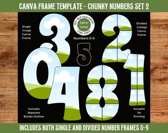 Canva Frame Number Template 0-9 | Chunky Font Number Collage Frame Set 2 | Single and Divided Number Frames | Digital Download