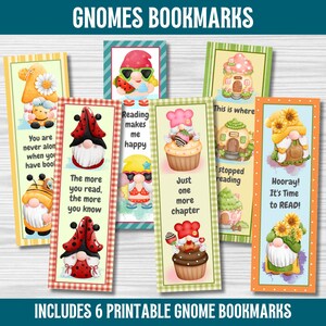 Peut inclure: Ensemble de six marque-pages imprimables de gnomes avec des illustrations colorées de gnomes avec différentes citations, notamment "La lecture me rend heureux", "Tu n'es jamais seul quand tu as des livres", "Plus tu lis, plus tu sais", "Il ne reste plus qu'un chapitre", "C'est ici que j'ai arrêté de lire", et "Hourra ! Il est temps de lire !"