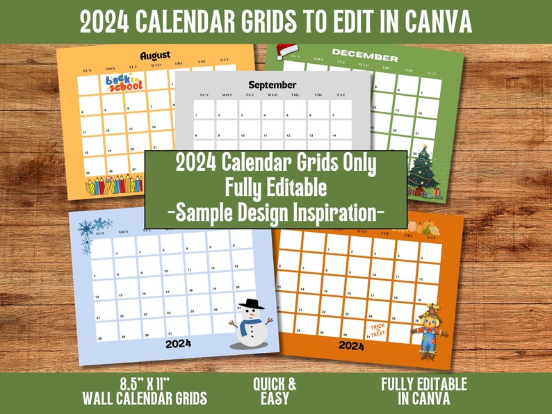 2024 Wall Calendar Grids Canva Template Set 3 Fully Editable 12 Months