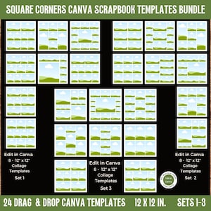 12x12 Photo Collage Canva Scrapbook Templates: Square Corner Pocket Style Layout (Digital Download)
