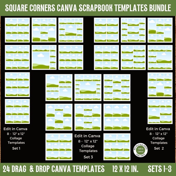 Collage de photos 12x12 Canva Scrapbook Templates Bundle | Modèles de mise en page de style de poche pour scrapbooking numérique à coins carrés | Téléchargement numérique