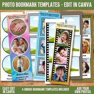 Puede incluir: Plantillas de marcapáginas con fotos con el texto "PHOTO BOOKMARK TEMPLATES - EDIT IN CANVA". Los diseños incluyen espacios para fotos y texto, con diseños circulares, de tiras de película y marcos rectangulares. También se ve el texto "EASY EDIT IN CANVA" y "ADD YOUR OWN PHOTOS".