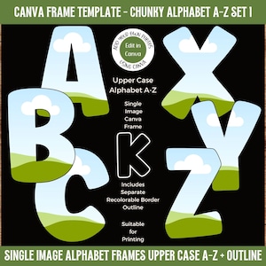 May include: A set of uppercase alphabet letter frames in a chunky style. Each letter has a blue sky, white clouds, and green grass background. The letters are outlined in black and can be used for creating personalized crafts, decorations, or educational materials.