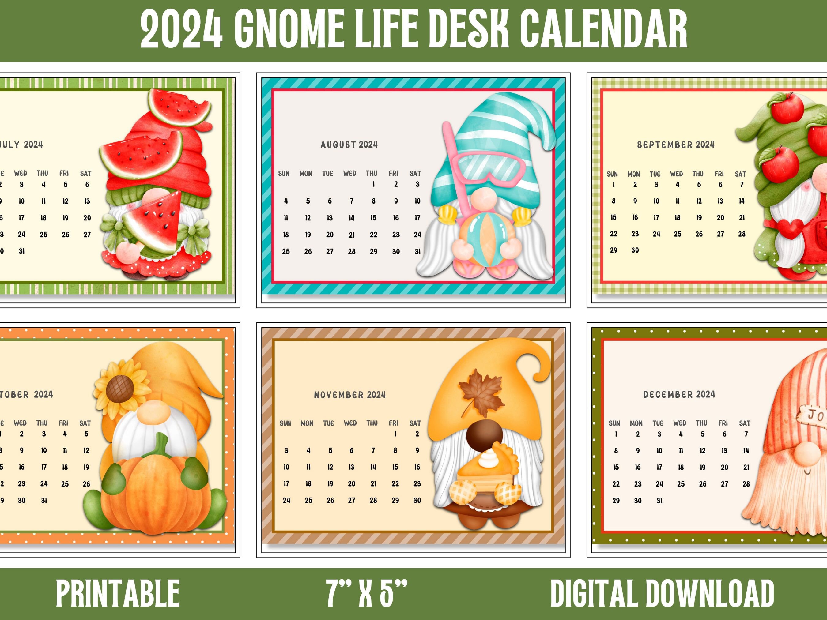 2024 Printable Gnome Life Monthly Desk Calendar, Cute Whimsical