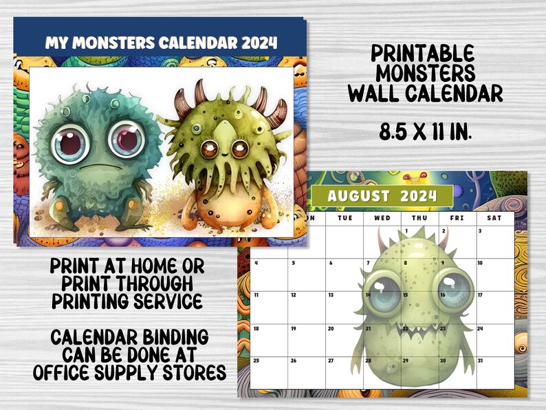 2024 Wall Calendar Printable Kids Wall Calendar Monster Etsy