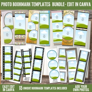 Peut inclure: Un ensemble de 15 modèles de signets photo imprimables avec différents motifs en vert, bleu et marron. Les modèles comprennent des motifs de pellicule, de nuage et floraux. Le texte "EASY EDIT IN CANVA" et "ADD YOUR OWN PHOTOS" est inclus dans l'image.