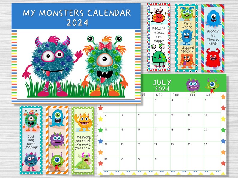 2024 Printable Monsters Wall Calendar and Bookmarks Combo Etsy