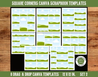 Photo Collage 12x12 Scrapbooking Templates Set 2 | Square Corner Digital Scrapbooking Pocket Style Layout Templates for Canva