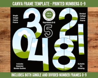 Canva Frame Number Template 0-9 | Printed Font Number Collage Frame | Single and Divided Number Frames | Digital Download