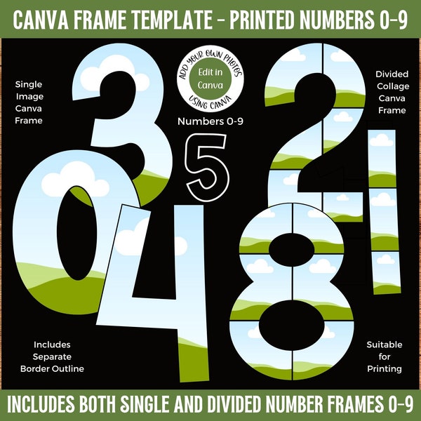 Canva Frame Number Template 0-9 | Printed Font Number Collage Frame | Single and Divided Number Frames | Digital Download