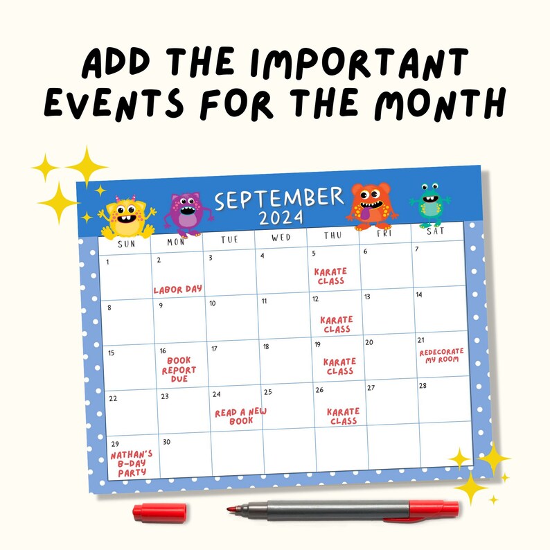 2024 Printable Monsters Wall Calendar and Bookmarks Combo Etsy Israel