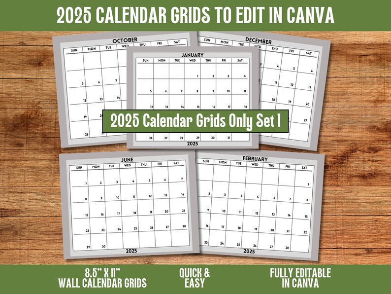 2025 Wall Calendar Grids Canva Templates Set 1 Fully Editable 12 Months