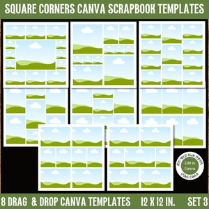 May include: Set of 8 square corner Canva scrapbook templates featuring a green hills and blue sky design. Each template is 12 inches by 12 inches. The text "Edit in Canva" is included on the image.