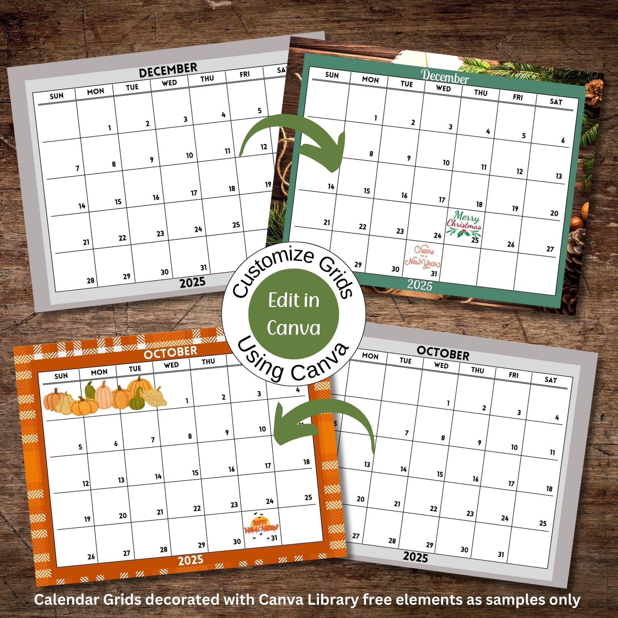 2025 Wall Calendar Grids Canva Templates Set 1 | Fully Editable 12 ...