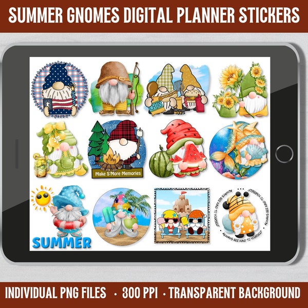 Gnome Summer Digital Stickers for Planners or Pocket Scrapbooking | Summer Gnome Seasonal Transparent PNG Clipart | Digital Download