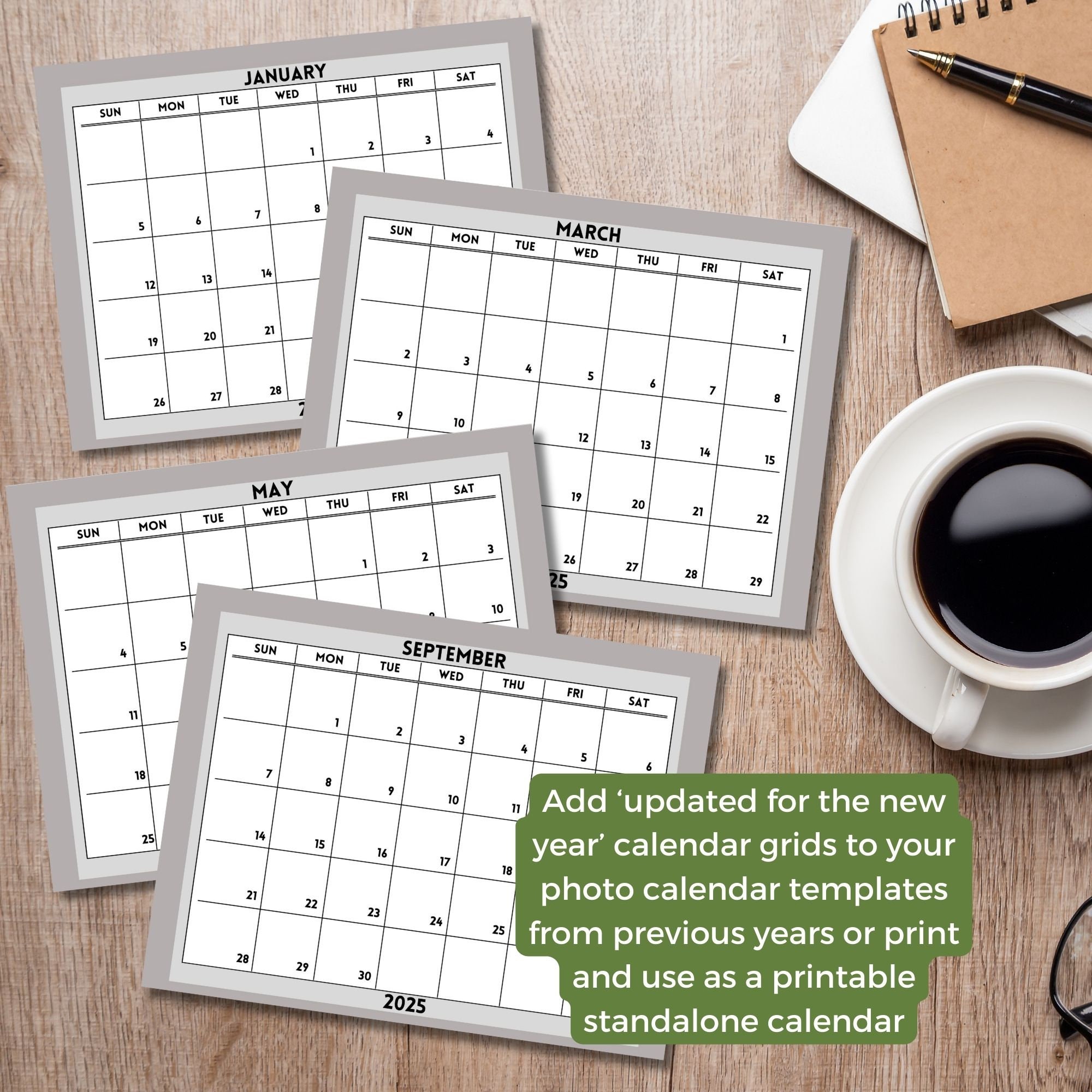 2025 Wall Calendar Grids Canva Templates Set 1 Fully Editable 12 Months ...