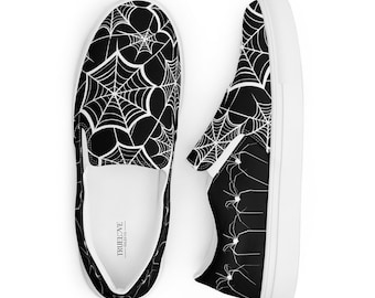 Spider Web Slip-On Sneakers | Men's Gothic Halloween Canvas Shoes | Cobweb Print Alt Fashion Footwear