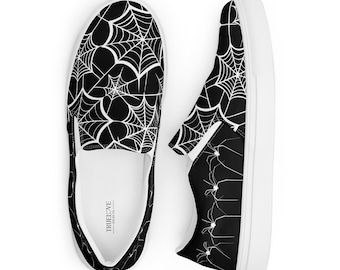 Spider Web Slip-On Sneakers | Women's Gothic Halloween Canvas Shoes | Cobweb Print Alt Fashion Footwear
