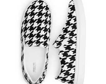 Houndstooth Slip-On Canvas Sneakers | Women's Black White Preppy Fashion Footwear