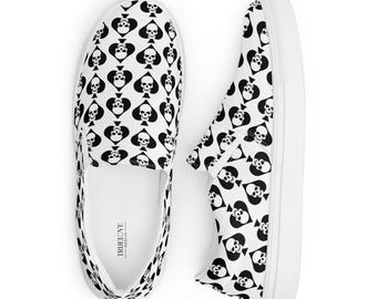 Skull Spade Slip-On Sneakers | Gothic Punk Canvas Shoes | Skeleton Playing Card Footwear