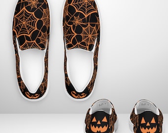 Spider Web & Jack-O'-Lantern Slip-On Sneakers | Women's Halloween Canvas Shoes | Gothic Fall Footwear