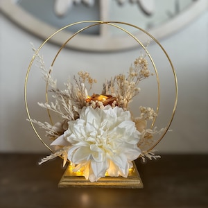 NEW! Handmade double hoop, with gold hoop and base. Includes vintage fall themed artificial flowers. Pixie lights are optional.