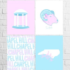 Blue and Pink Chapel Hill, North Carolina Wall Prints for Dorm & Apartment Decor for Digital Download