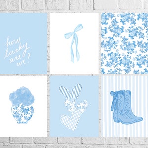 Blue Floral Bow FULL SET of 6 Trendy Wall Prints Coastal Dorm Decor for Digital Download