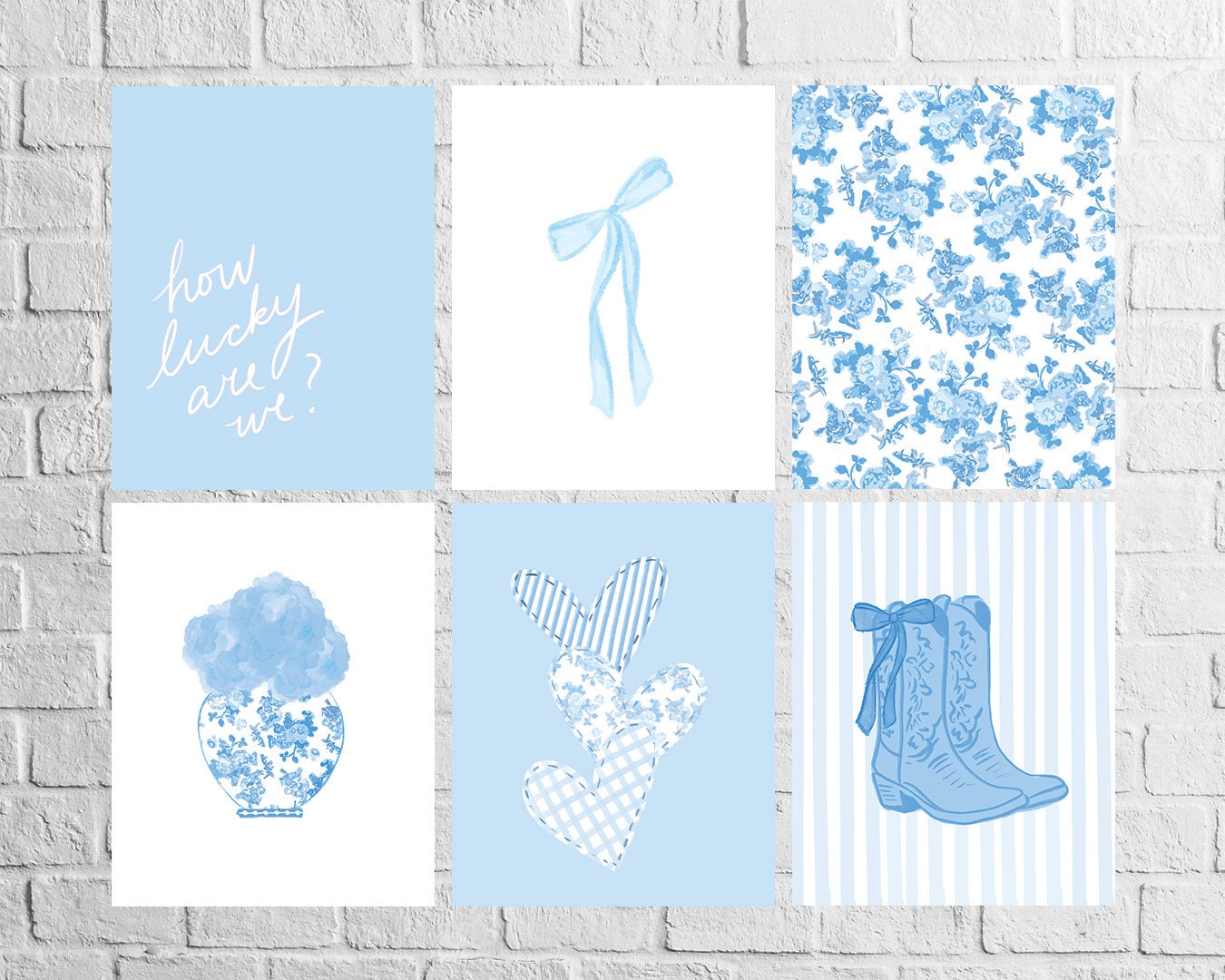 Blue Floral Bow FULL SET of 6 Trendy Wall Prints Coastal Dorm Decor for Digital Download