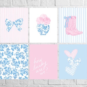 Blue and Pink Floral Bow FULL SET of 6 Trendy Wall Prints Coastal Dorm Decor for Digital Download