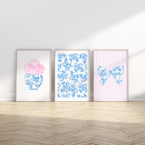 Blue and Pink Floral Bow Trendy Wall Prints Coastal Dorm Decor for Digital Download