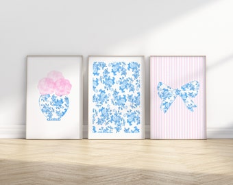 Blue and Pink Floral Bow Trendy Wall Prints Coastal Dorm Decor for Digital Download